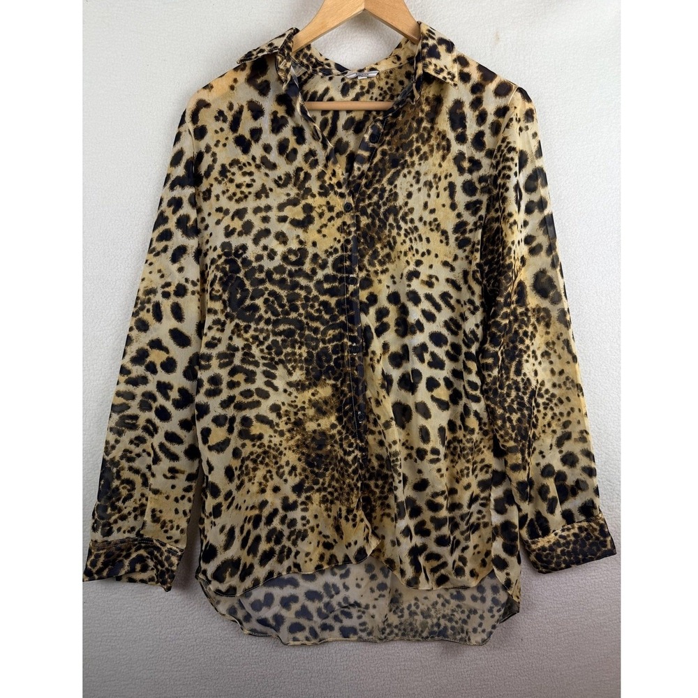 Siberian Womens Petite Leopard Print Sheer Button Down Blouse Brown Tan Size P